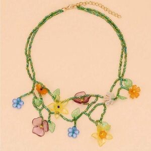 Floral Beaded Necklace - Green, Yellow, Orange, Blue
